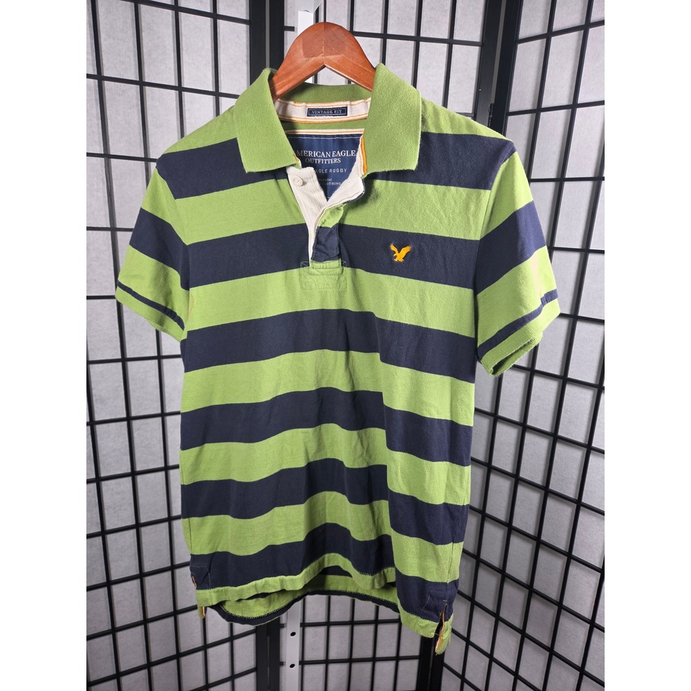 VTG Y2K American Eagle Blokecore Mens Striped Rugby Polo Shirt Green Navy M